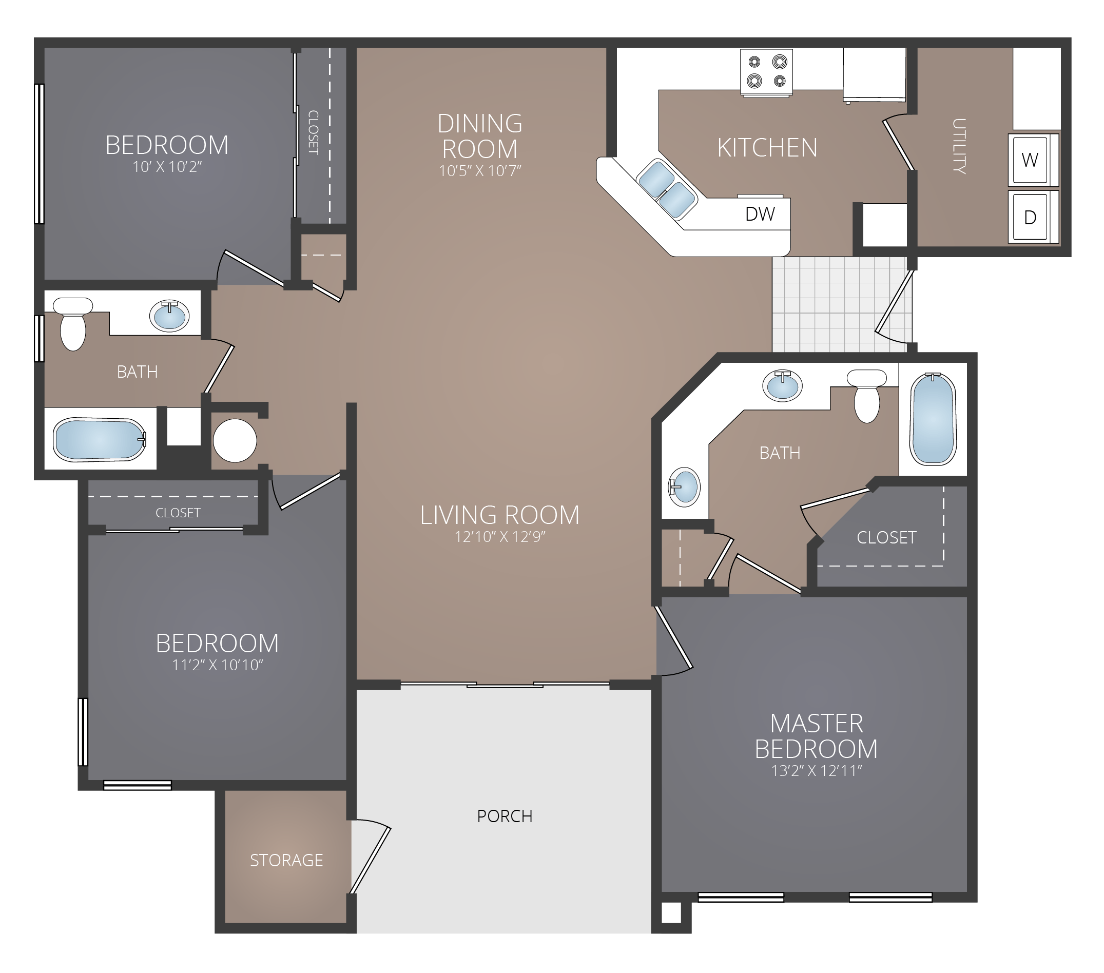 Floor plan for 3 beds, 2 baths, 1369 sqft